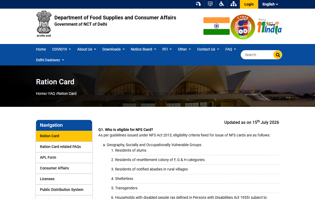 Official Delhi Food Supplies ration-card FAQ page.