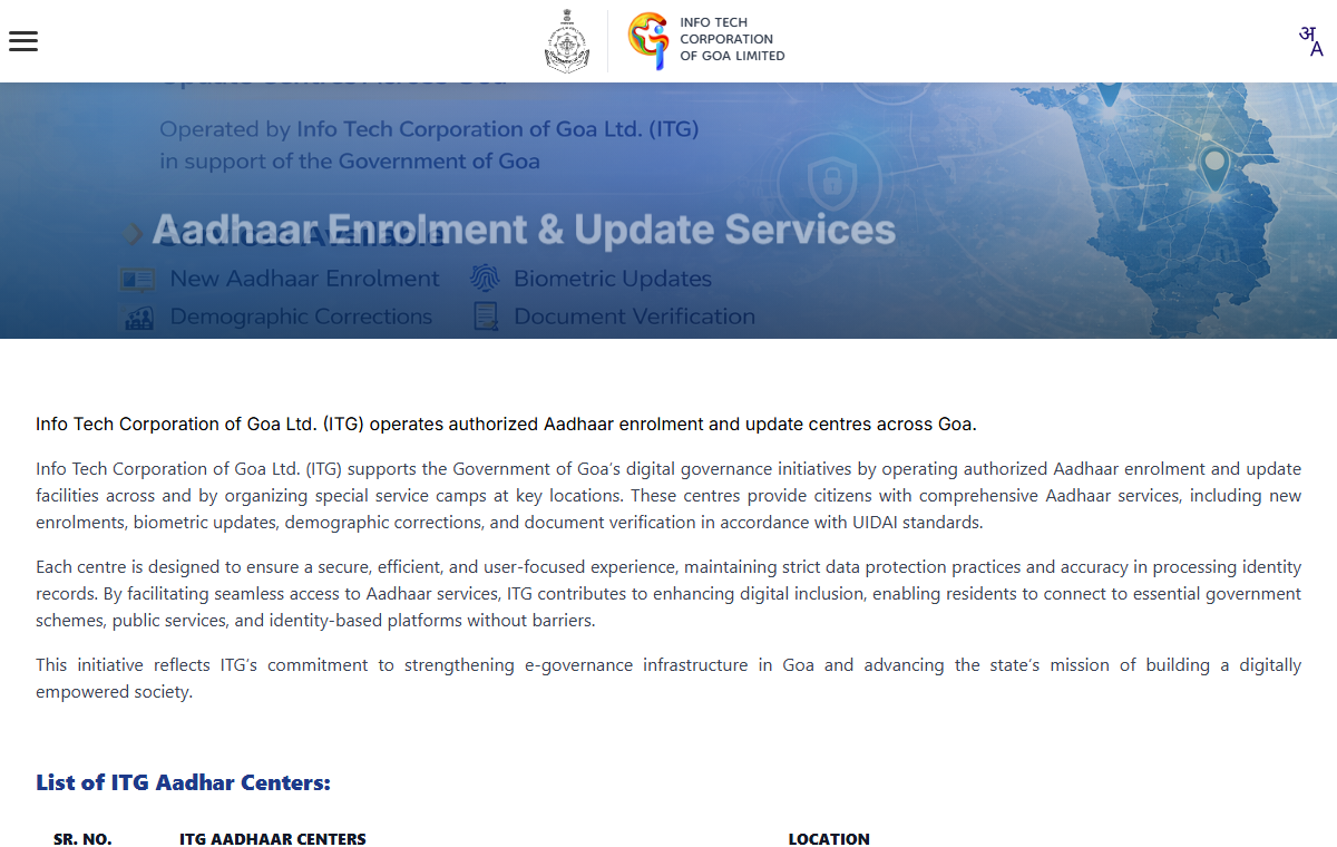 Official Goa IT project page for Aadhaar enrolment and update services.