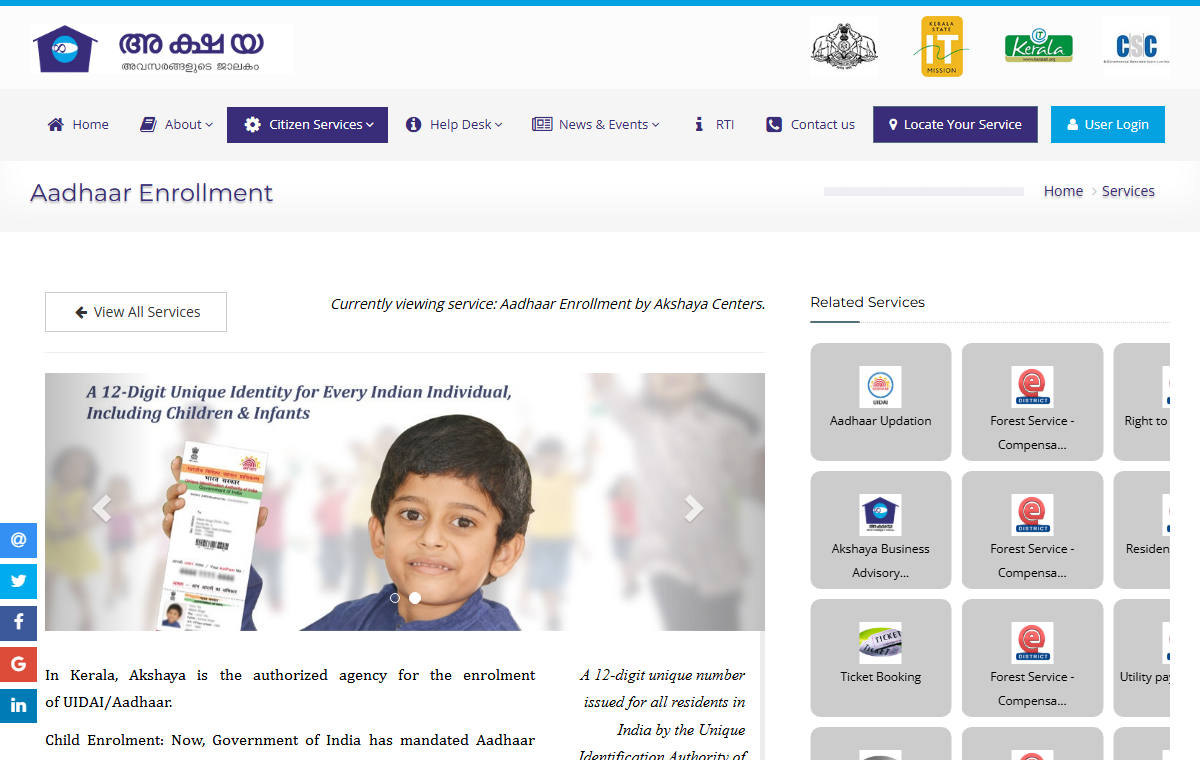 Official Kerala Akshaya service page for Aadhaar enrolment.
