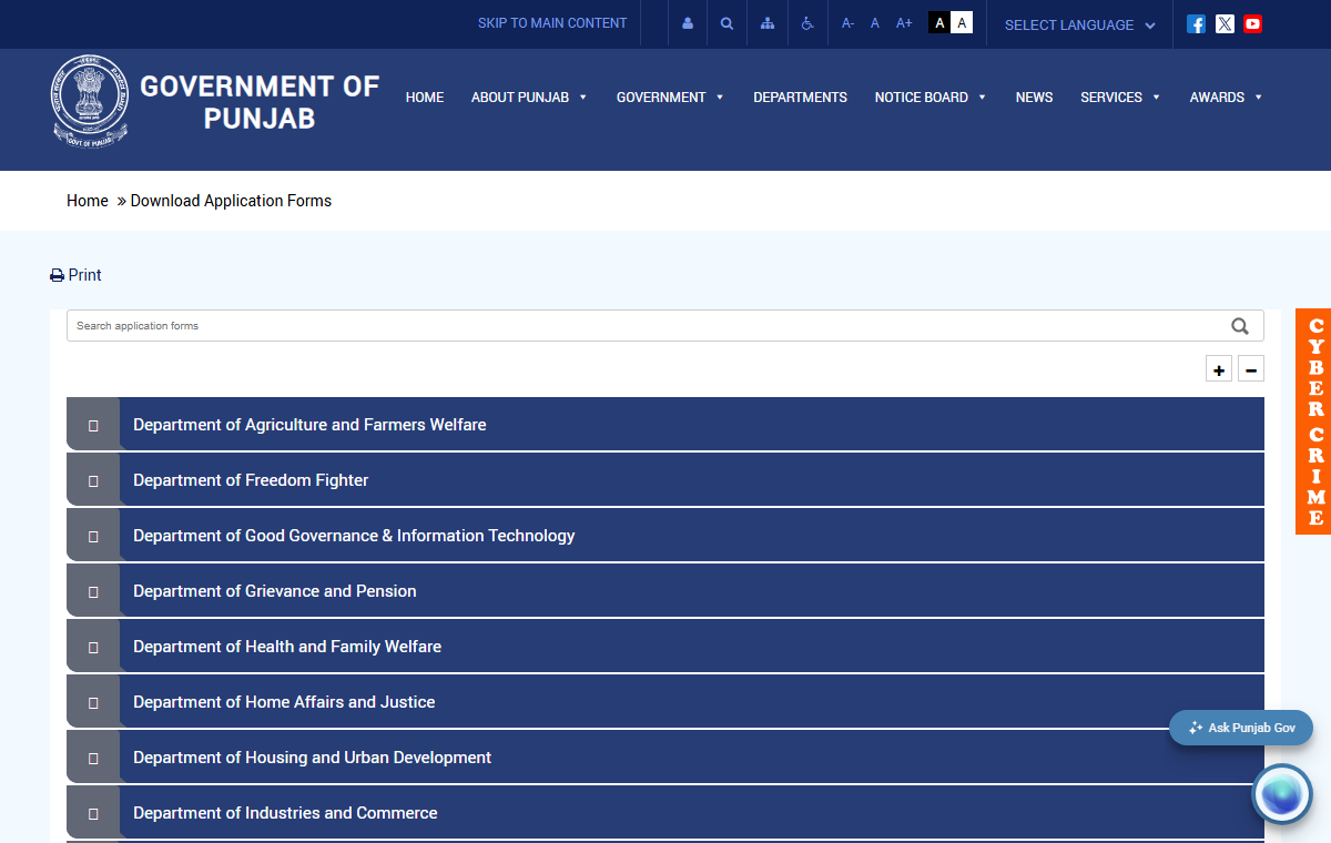 Official Government of Punjab application-forms page with search and department accordions.