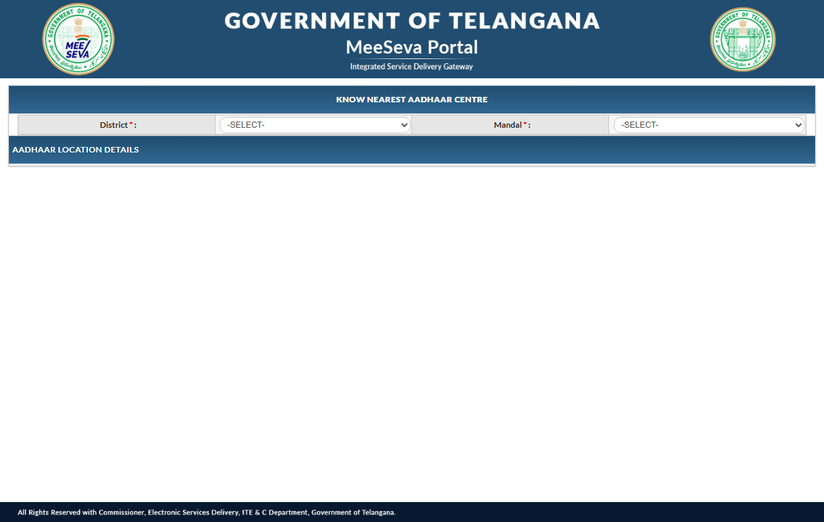 Official Telangana MeeSeva nearest Aadhaar centre search with district and mandal fields.